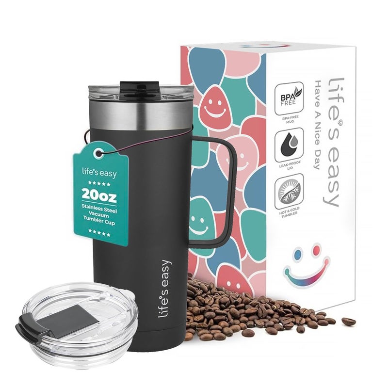 Life's Easy 20oz Stainless Steel Mug w/Handle - Double Wall Insulated Travel Tumbler w/Flip Lid - Leak Proof Tumbler-Thermal Cup for Coffee, Tea & More - Keep Hot & Cold Drinks (Black, 20 oz) - Image 1